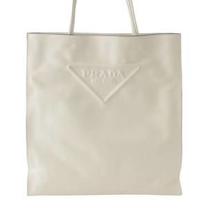 Prada Triangle Leather Embossed Tote Bag White